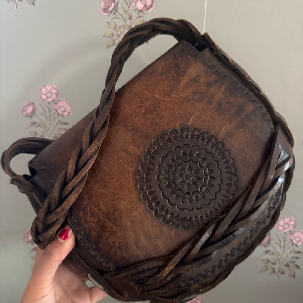 Brown Braided Leather Shoulder Bag